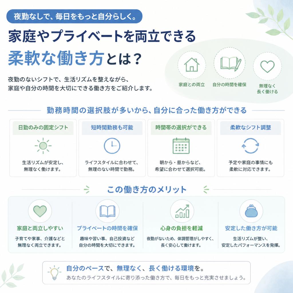 夜勤なしでライフスタイルを大切に